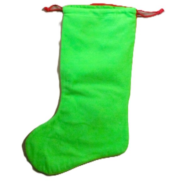 Christmas Stocking Toy Bag 29" X 15" Green & Red Flannel With Santa & Snowflakes - Picture 2 of 3